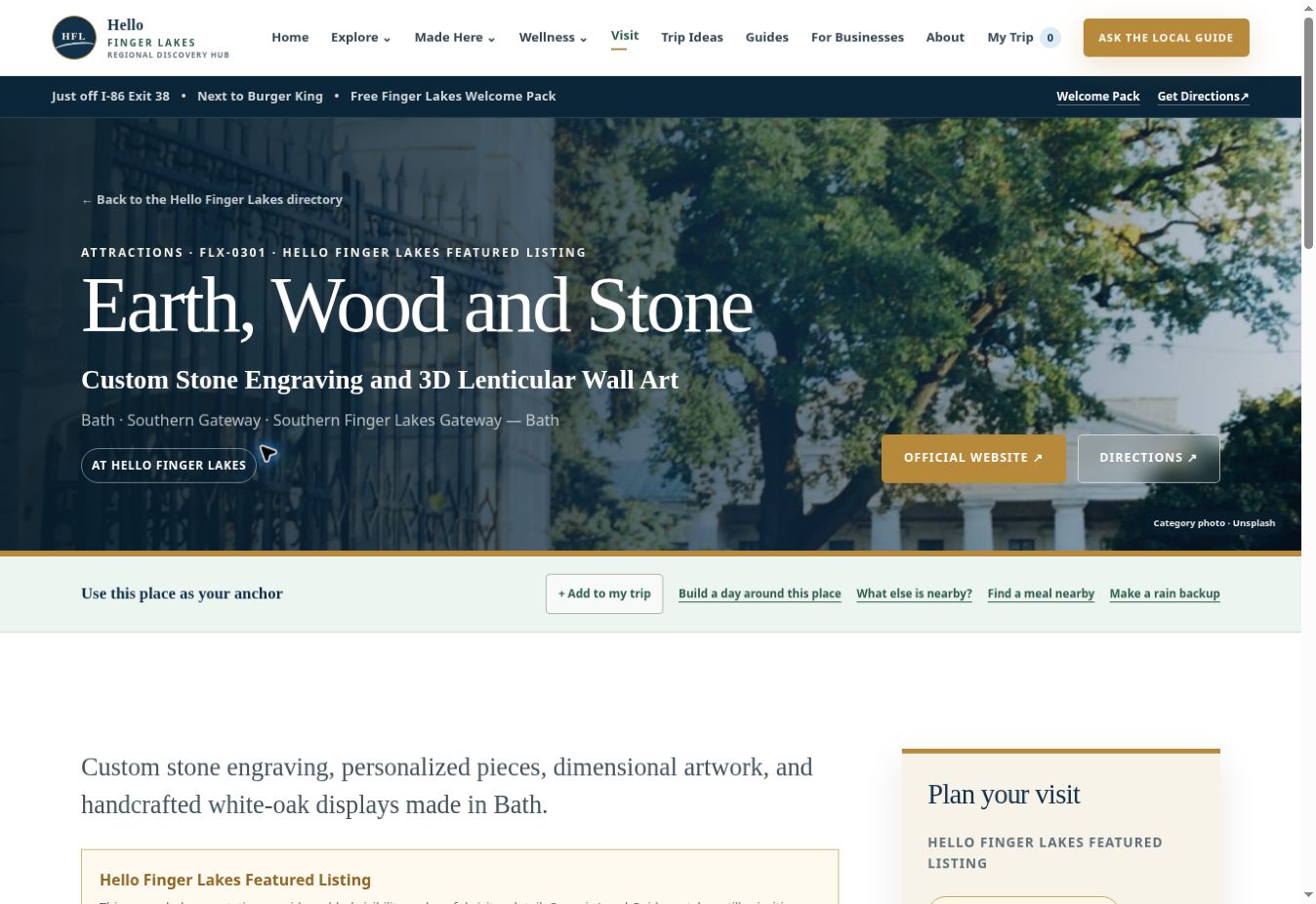 Current Hello Finger Lakes business page with My Trip actions and official links