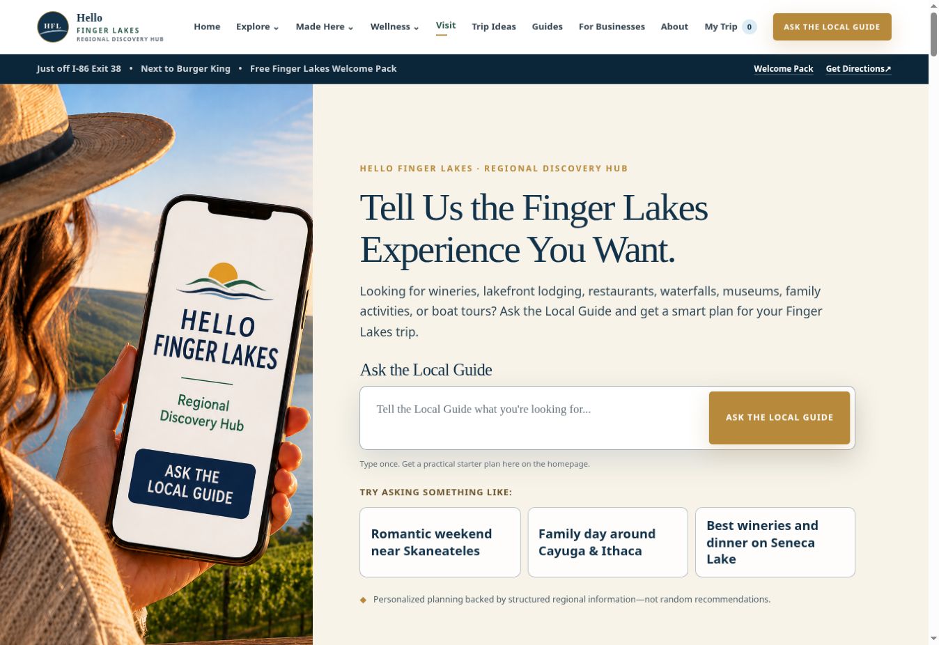 Current Hello Finger Lakes desktop homepage with Regional Discovery Hub and Ask the Local Guide