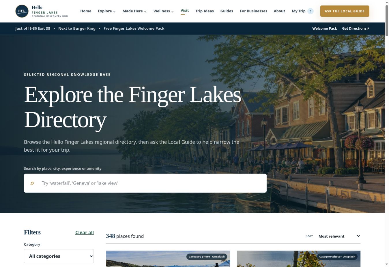 Current Hello Finger Lakes regional directory and exploration interface