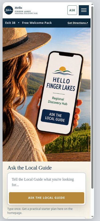 Current Hello Finger Lakes mobile homepage showing the Regional Discovery Hub and Ask the Local Guide