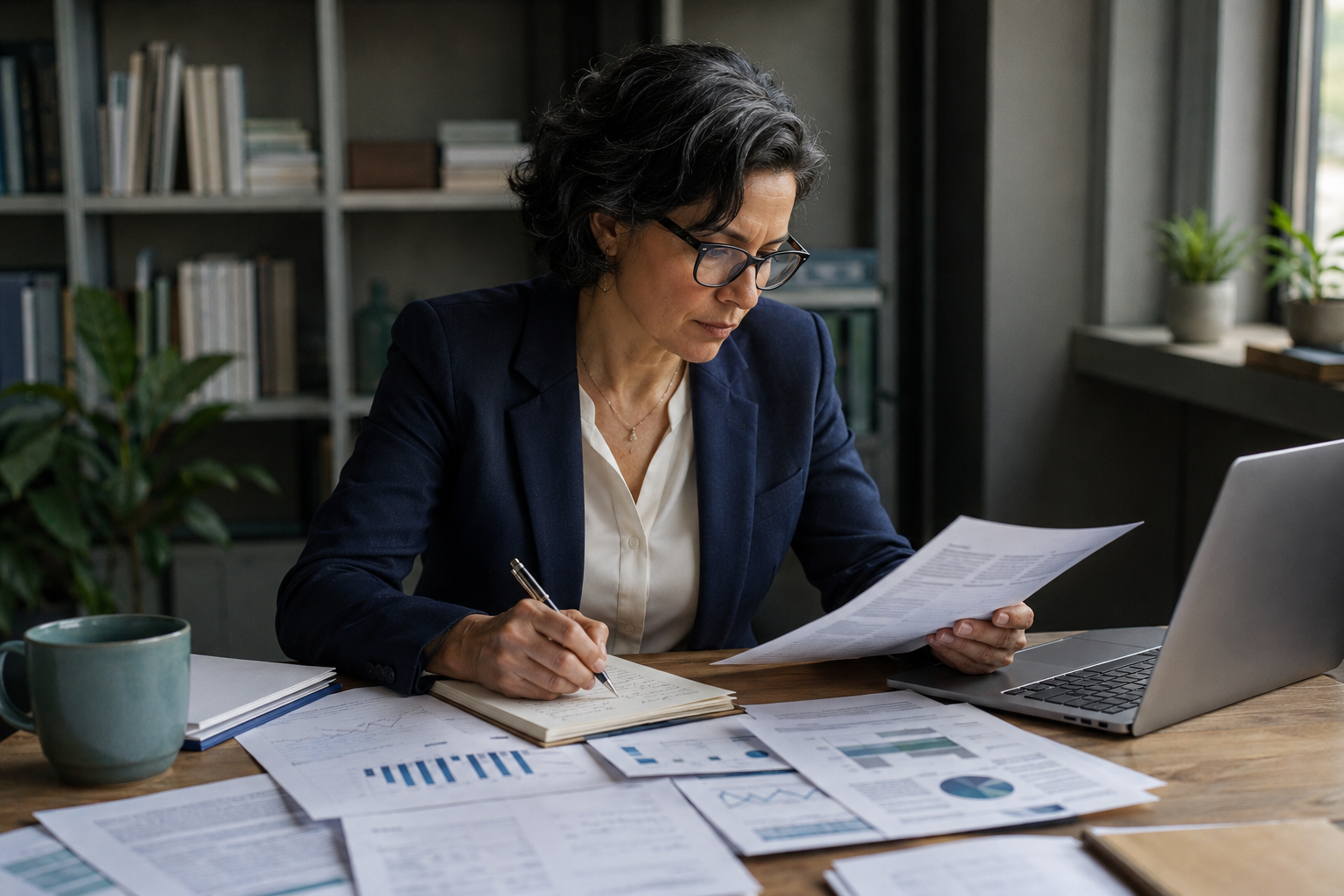 Research professional reviewing source documents for a sales intelligence engagement