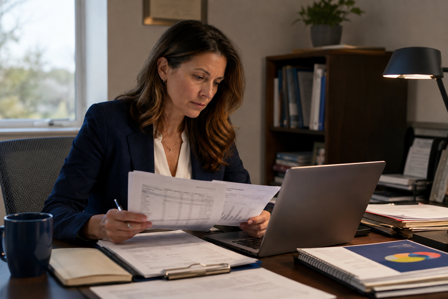 Research professional reviewing school-district budget and board documents