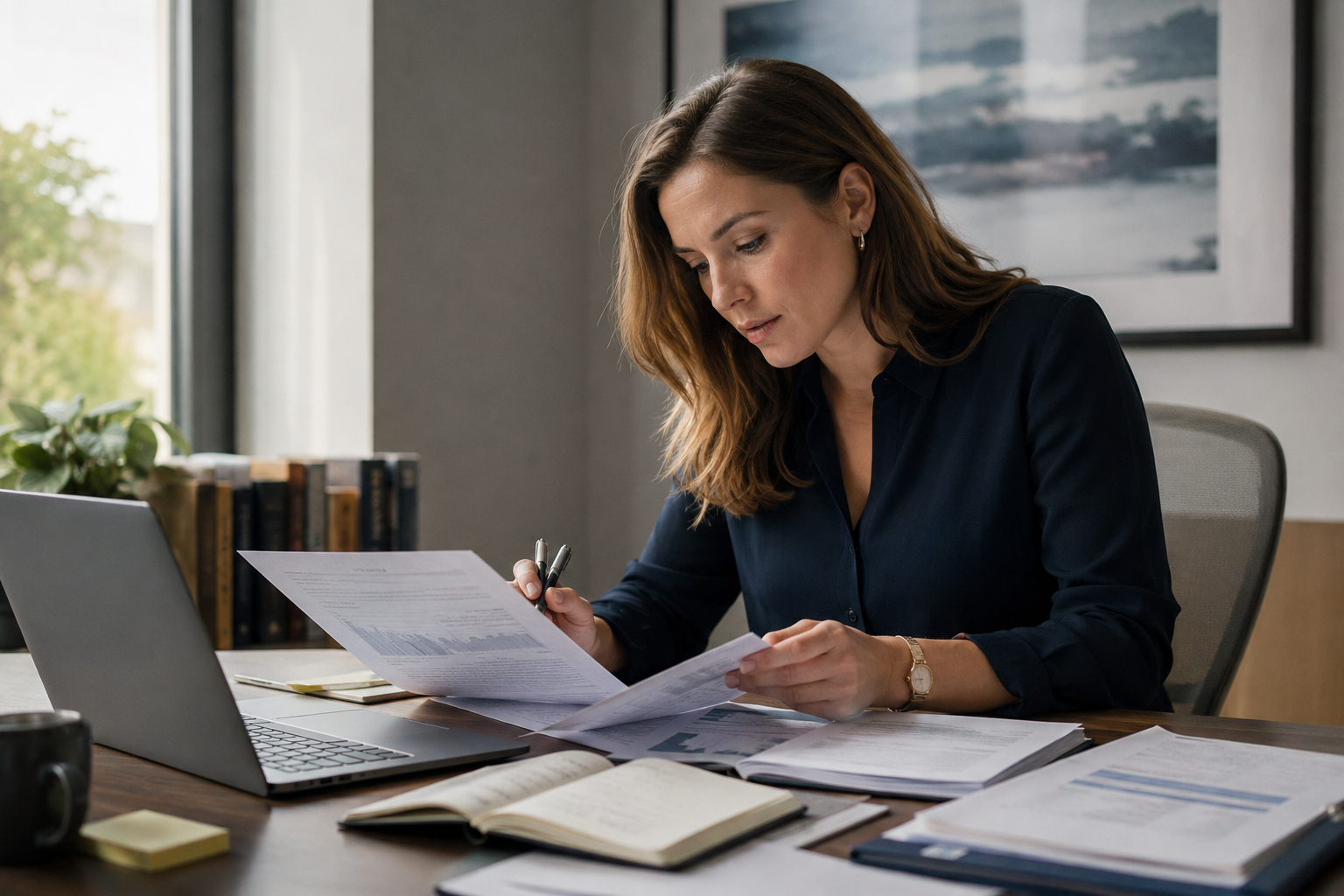Research professional reviewing source documents for a sales intelligence report