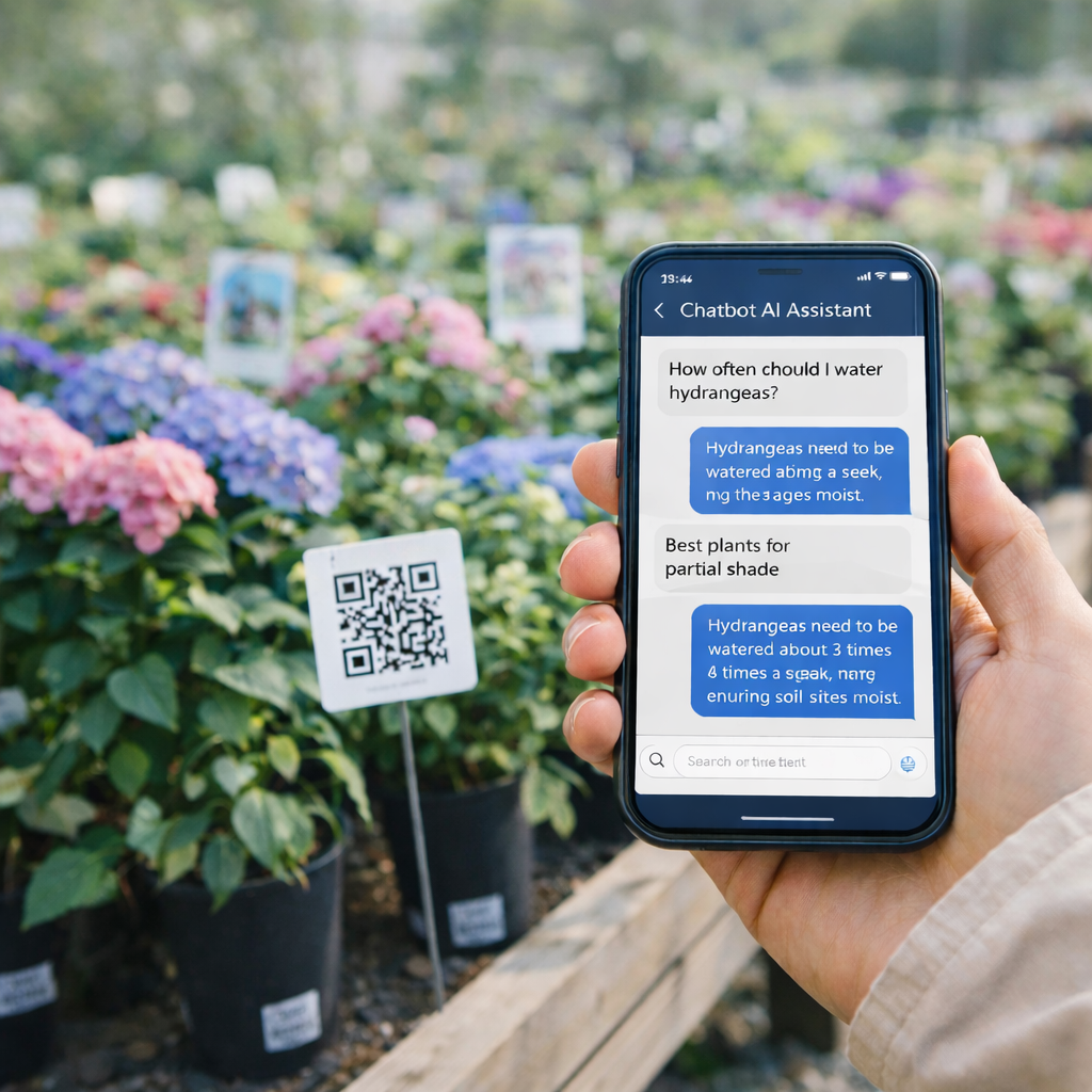 Customer scanning a QR code in a garden center and viewing an AI assistant on their phone