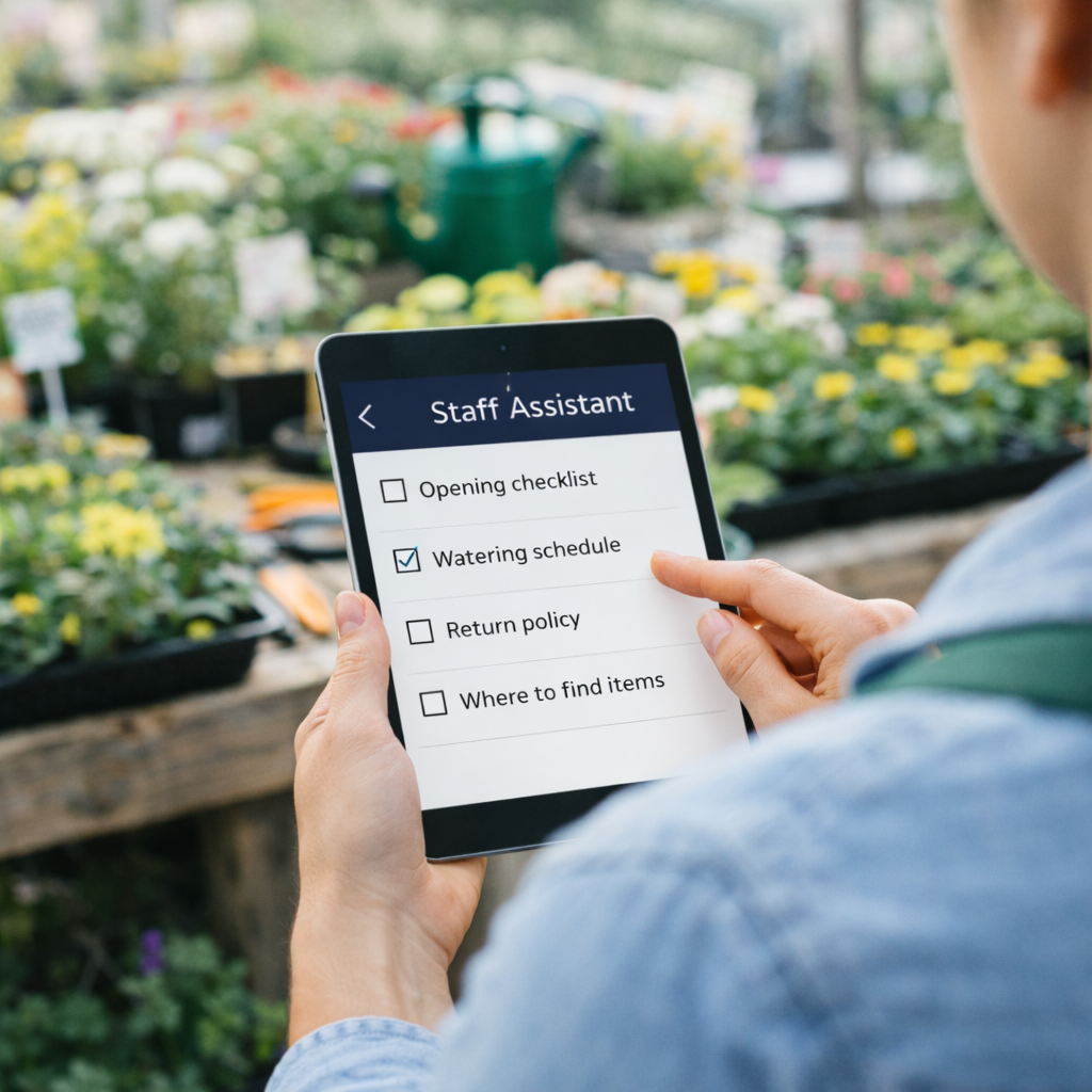 Garden center employee checking training information on a tablet while working