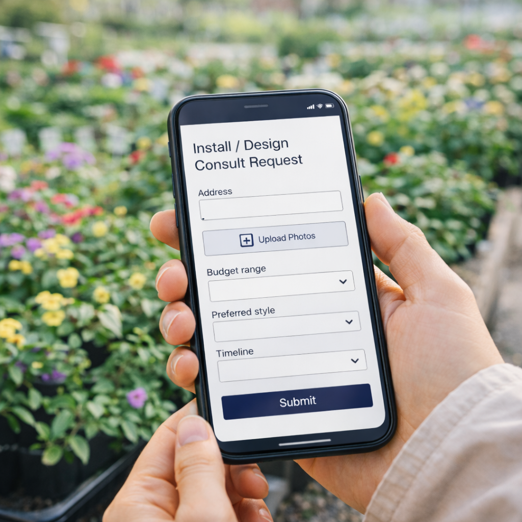 Customer filling out a landscape install request form on a smartphone