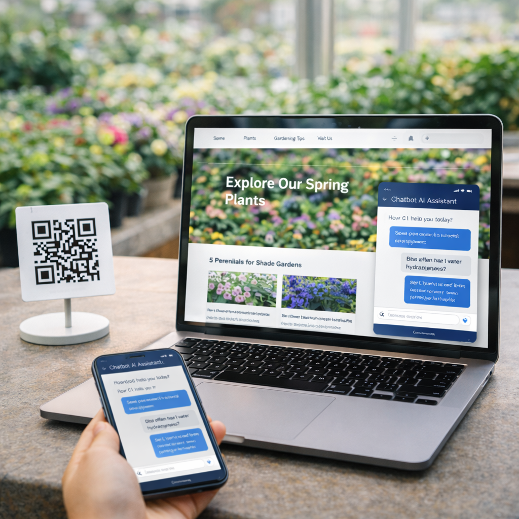 QR sign in a garden center and a laptop showing the AI assistant embedded on a website
