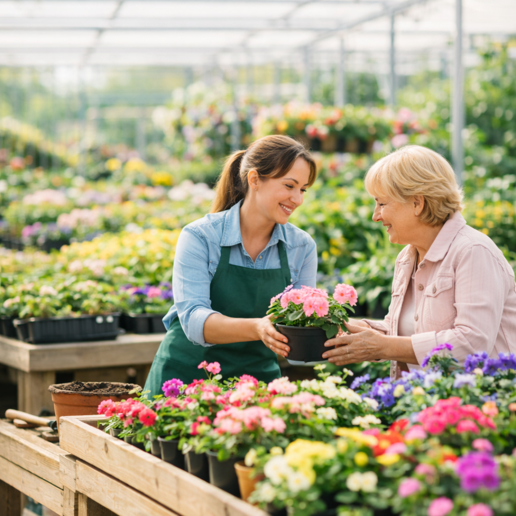 Garden center staff helping customers among plants and flowers