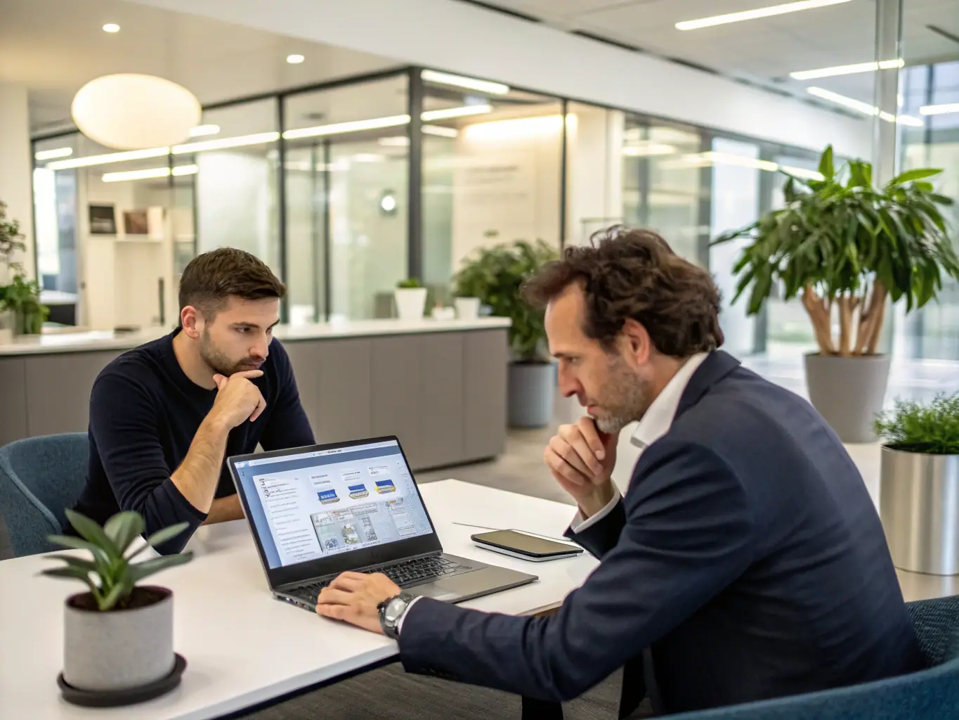 A consultant in a business setting, advising a client on AI strategy, showcasing Quantum Leaps AI's AI consulting services, with a focus on helping SMBs integrate AI solutions to optimize their operations and decision-making.